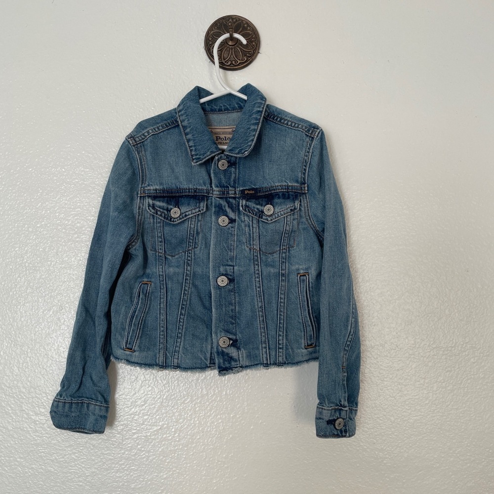 Polo Ralph Lauren Girls Denim‎ Jacket Blue Cropped Raw Hem Graphic Logo Size 7